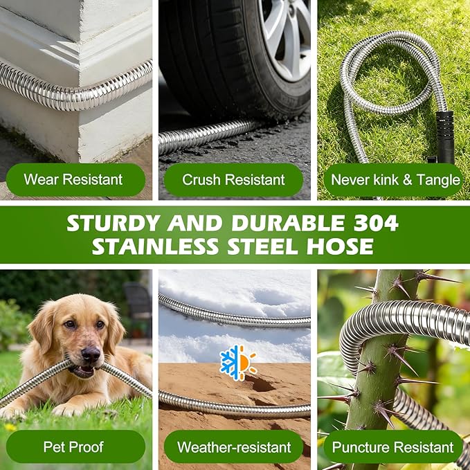 Metal Garden Hose 25 ft Stainless Steel Heavy Duty Water Hose with 10 Function Nozzles Flexible Lightweight Kink-Free Leakproof Sturdy Hoses Pipe 3/4" Brass Fitting for Outdoor Yard Lawn RV