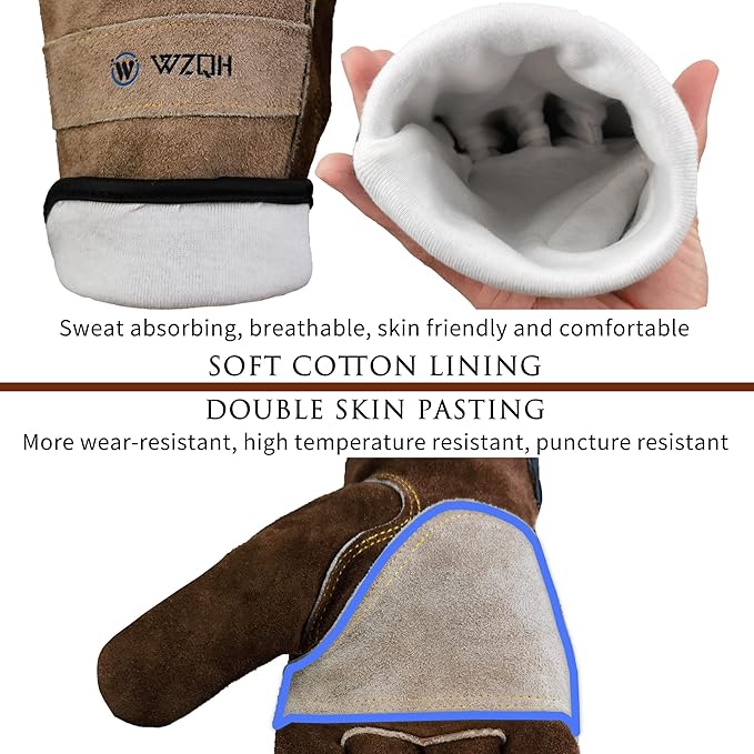 WZQH Leather Work Gloves for Men or Women. Small Glove for Gardening, Tig/Mig Welding, Construction, Chainsaw, Farm, Ranch, etc. Cowhide, Cotton Lined, Utility, Firm Grip, Durable. Coffee-grey S