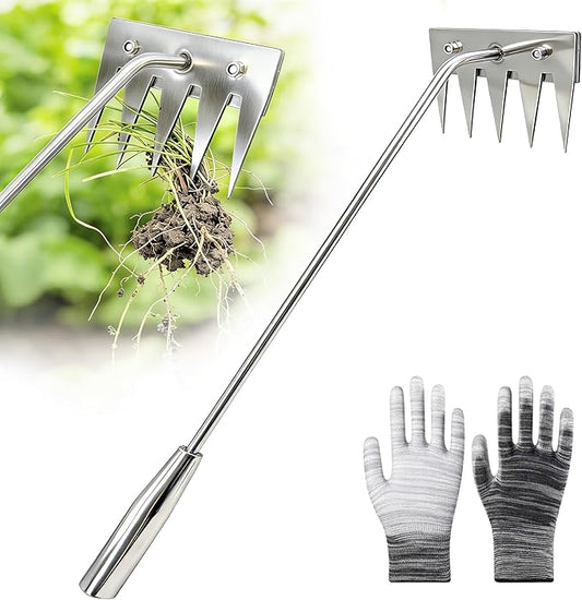 Weed Puller Tool, 2026 Portable Manual Weeding Tools Gardening, 5 Teeth Head Stainless Steel Hand Garden Weeding Rake, Weed Remover Tool for Gardening Backyard Yard Farm Planting Weeding