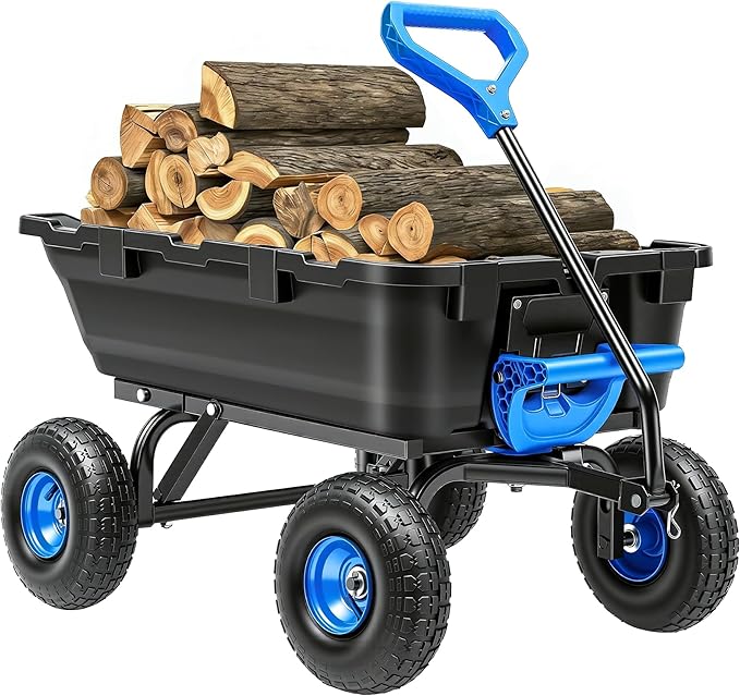 Autodaya 900LB Garden Dump Cart, 2026 Upgraded Heavy Duty Wheelbarrow Cart with 10" Non-Slip Pneumatic Tires & Quick-Release System, 4-Wheel Steel Frame Wagon for Transportation in Yard, Farm, Garden