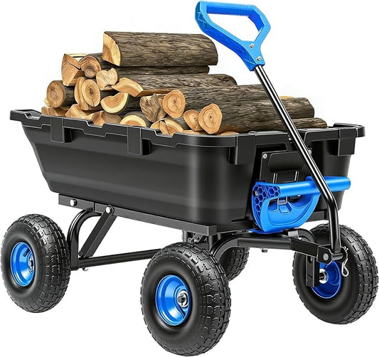 Autodaya 900LB Garden Dump Cart, 2026 Upgraded Heavy Duty Wheelbarrow Cart with 10" Non-Slip Pneumatic Tires & Quick-Release System, 4-Wheel Steel Frame Wagon for Transportation in Yard, Farm, Garden