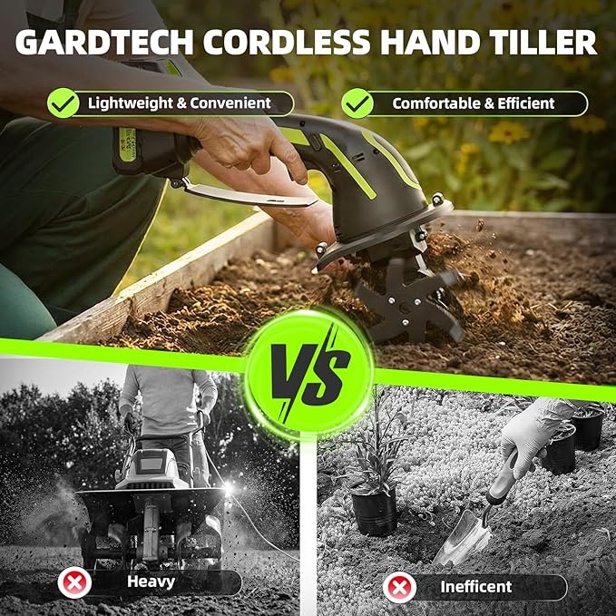 GARDTECH 21V Cordless Tiller Cultivator, 235RPM Electric Hand Tiller with 2×2.0Ah Batteries, 4" Tilling Width & Depth, Powerful Mini Garden Tiller for Gardening, Raised Bed & Soil Loosening