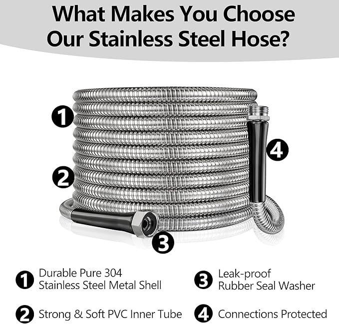 75 Foot Garden Hsoes - 2026 New 304 Stainless Steel Garden Hose with 3/4'' Fittings – Lightweight, Durable, and Kink-Free, Metal Water Hoses for Gardening