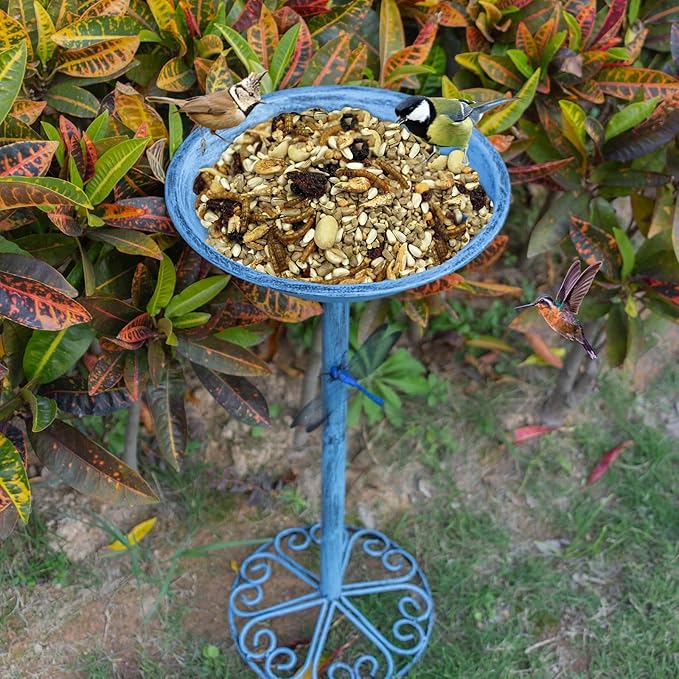 WANGIRO Stand Bird Baths for Outdoors 12 Inch Outdoor Garden Bird Feeder Metal Birdbath with Magnetic Dragonfly for Backyard Birding Freestanding for Garden Yard and Lawn Decoration-Blue