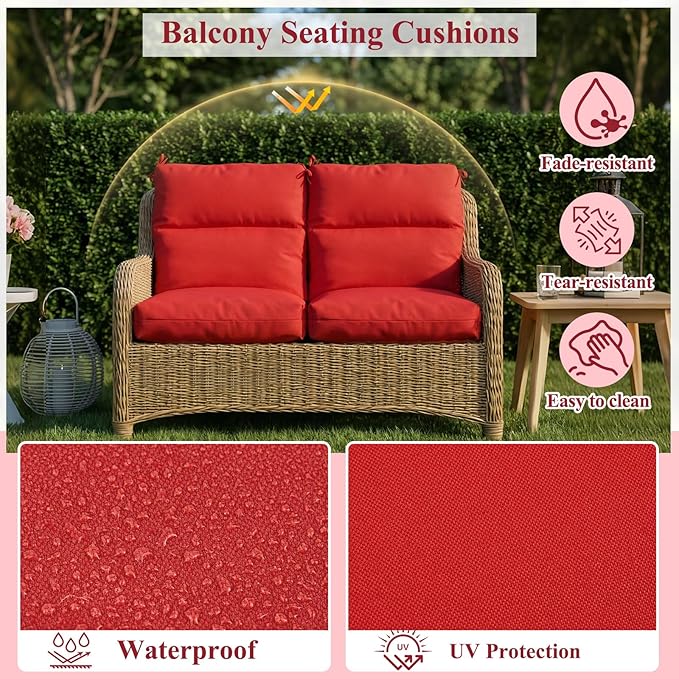 Geelin 4 Pack Outdoor/Indoor High-Back Chair Cushions 44×21 in, Stuffed Tufted Replacement Patio Chair Cushions with Ties Weather Resistant Pads for Patio Furniture (Red)