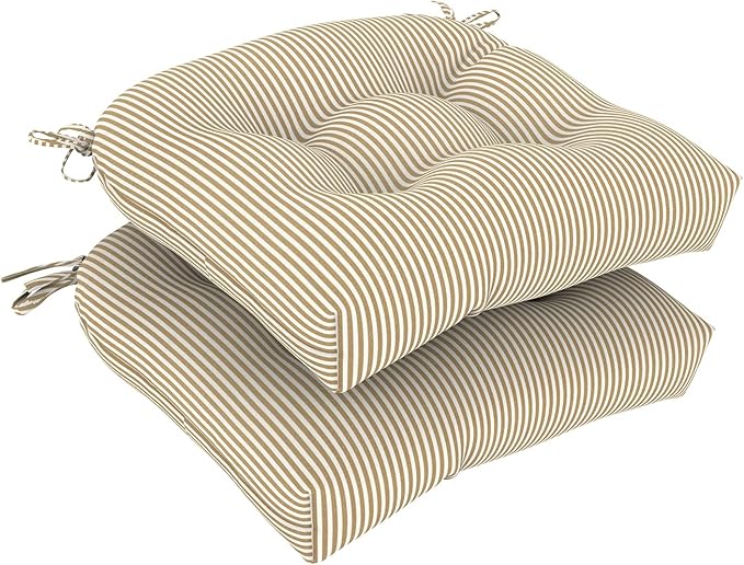 DYTXIII Set of 2 Outdoor Chair Cushions 19"x19"x4", Water Repellent Tufted Patio Seat Cushions with Ties, Thick Replacement Pads for Wicker Dining Chairs, Patio Furniture, Stripe Beige