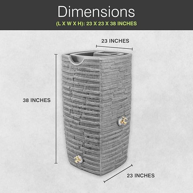 Good Ideas Impressions Riverwalk 50 Gal Plastic Rain Barrel Light Granite Bundled with 50’ Soaker Hose, Gradual Water Release, for 3/4" Spigots, Black