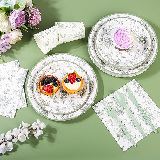 175Pcs Sage Green Floral Paper Plates and Napkins Sage White Flower Arrangements Toile Chinoiserie Party Supplies Set for Spring Summer Bridal Baby Shower Birthday Garden Tea Party