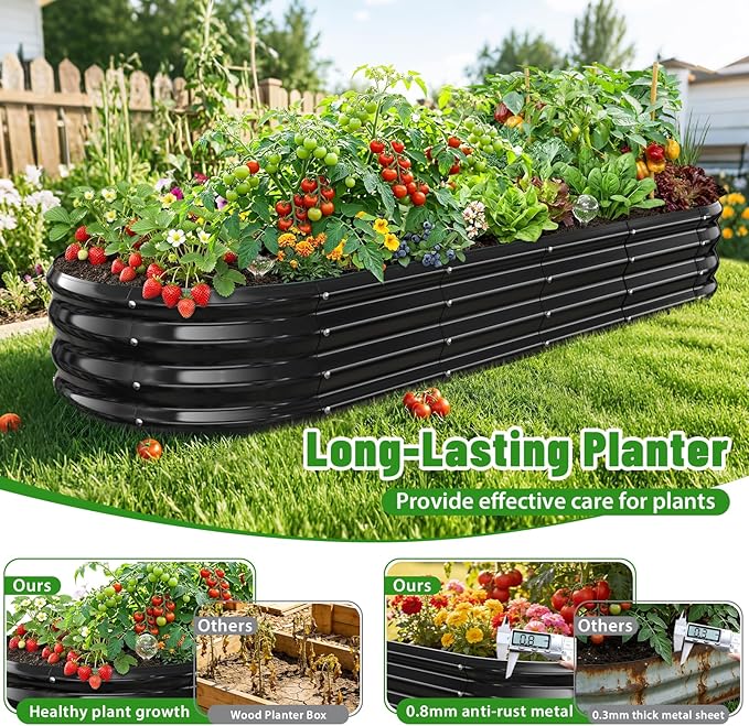 Oval Raised Garden Bed, 6 x 2 x 1FT, Galvanized Steel Planter Box with Wave-Shaped Metal Panels Painted for Outdoor Flower,Tree,Herb & Vegetable Garden (Black, 72X24X12 inches)