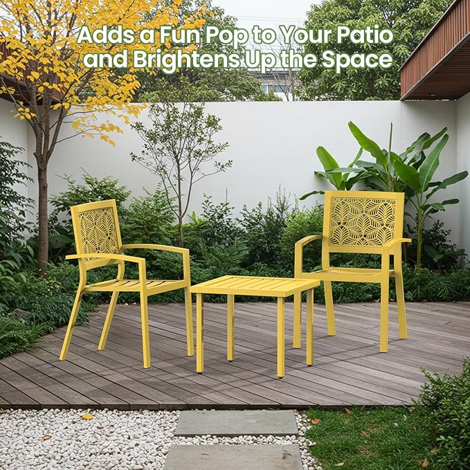 BUPPLEE 3 Piece Patio Bistro Set, Outdoor Steel Furniture Set, Stackable Modern Conversation Sets for Balcony Garden Deck Patio w/2 Chairs 1 Table, Yellow