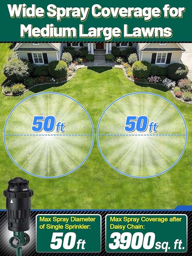Sturdy Aluminum Alloy Spike Sprinklers for Yard - Adjustable Spray Coverage & 5 Spray Patterns Lawn Sprinkler, Efficient Irrigation System for Medium Large Garden Uneven Ground, 2 Pack
