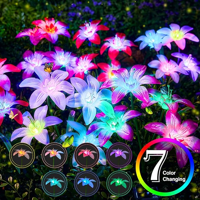Ahaorigin Solar Garden Lights Outdoor, 6 Pack Blooming Lily Solar Flowers Outdoor Waterproof, 7 Color Changing Bigger Flower Lights for Yard Patio Outside Decorative Mom Gift