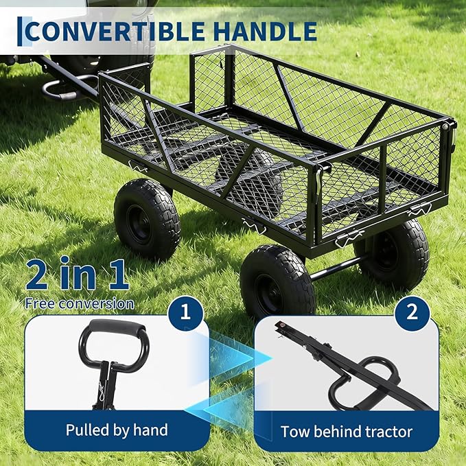 Heavy Duty Steel Garden Cart, 950 LBS Load Capacity Garden Wagon with 10 inch Tire and 180° Rotating Handle Attach to ATV or Tractor, Yellow