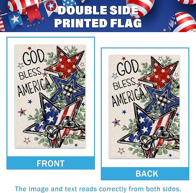 4th of July Garden Flag 12x18 Inch Double Sided Outside God Bless America Patriotic Stars Eucalyptus Memorial Day Independence Day Holiday Outdoor Yard Decoration