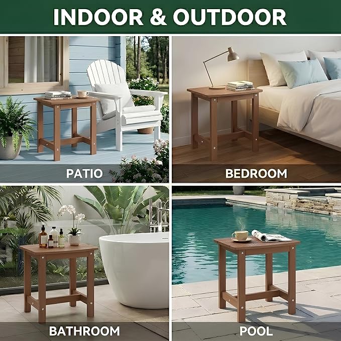 Y&M Outdoor Side Table, HIPS Adirondack Small Single Table, Waterproof Square Outside Table, Balcony Modern End Tables for Patio, Pool, Beach, Porch, Deck, Indoor or Outdoor Use, Brown
