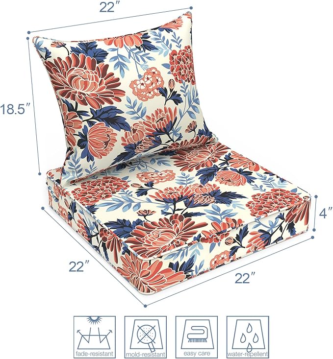LVTXIII Outdoor Deep Seat Cushion 22"x22"x4" Patio Seat and Back Cushion Set Seasonal Chair Cushion for Dining Arm Chairs, Wicker Chairs and Garden Furniture Decoration, Red Chrysanthemum