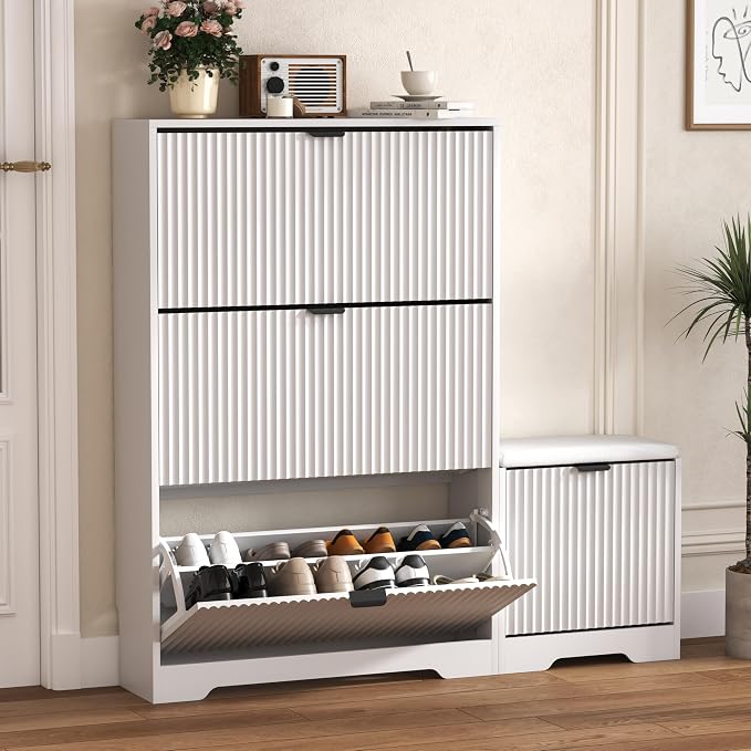 HUANLEGO Shoe Cabinet Storage for Entryway with Flip Drawer & Bench, White