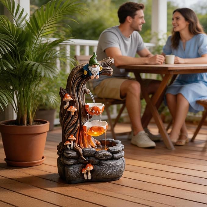 Tolevoit Gnome Outdoor Water Fountain with Warm LED Lights, Cascading Mushroom Waterfall on Tree Stump, Whimsical Garden Decor & Yard Art for Patio, Lawn, Porch and Indoor Tabletop