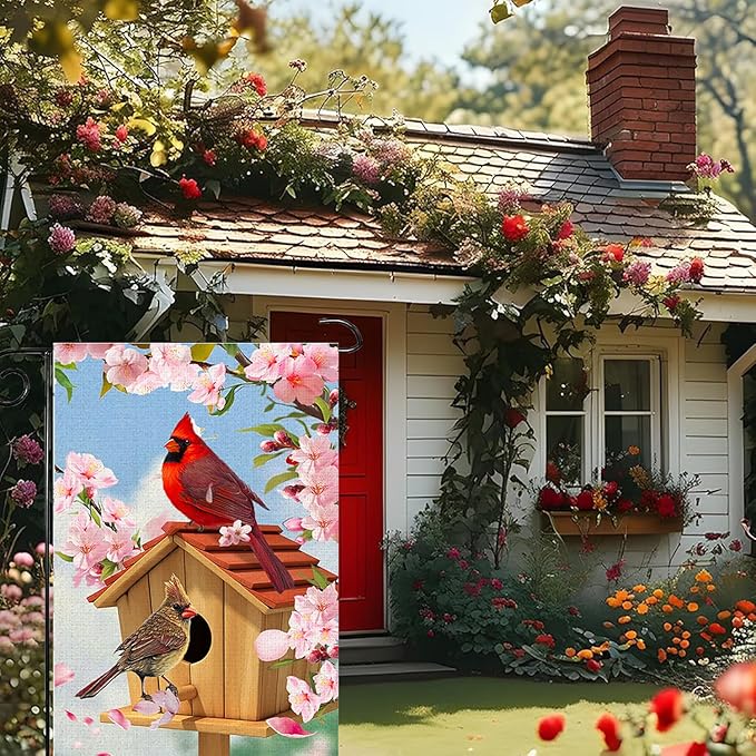 Spring Cardinal Bird Garden Flag 12x18 Inch Double Sided Burlap Outdoor Flag Decorations Pink Flowers Tree Summer Farmhouse Holiday Outside Decorations Burlap Yard Flag