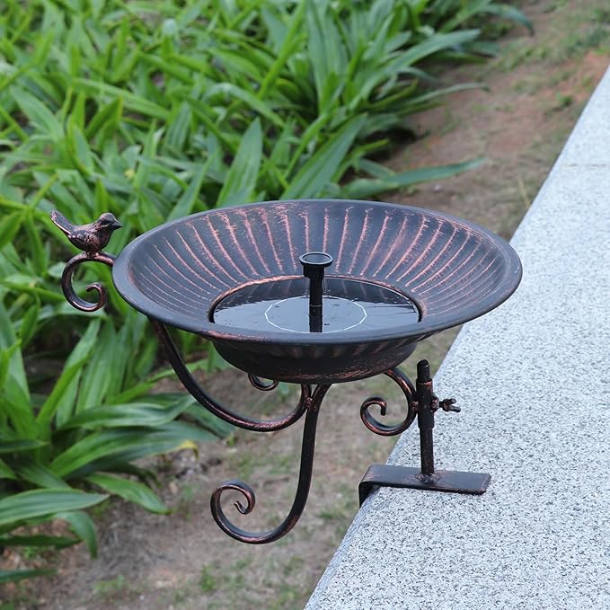 HLQMFHT Solar Bird Bath,Deck Bird Bath with Solar Fountain,Metal Bird Bath Bubbler,Deck Mounted Bird Bath,Adjustable Sturdy Balcony Bird Bath,Patio Garden Decor（Bronze）