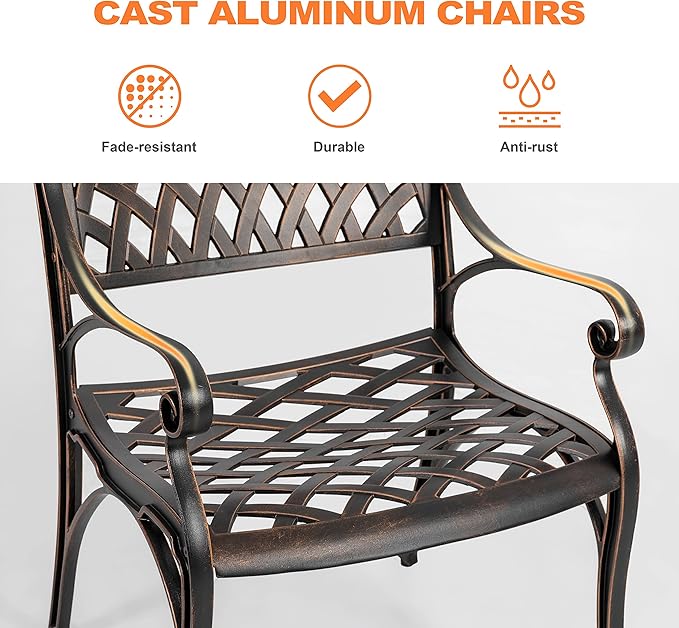 NUU GARDEN Cast Aluminum Patio Dining Chairs with Armrests for Indoor Outdoor Bistro Chairs for Balcony, Backyard, Garden, Black with Bronze Edge