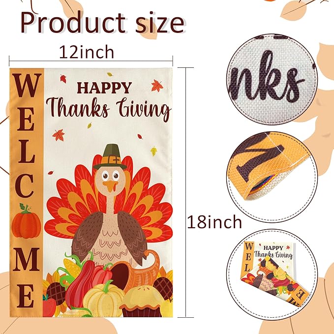 OHOME Thanksgiving Decorations - Welcome Garden Flag | Thanksgiving Decor Outdoor Outside - Friendsgiving Party Decorations Essentials Double-Side Backdrop Banner for Garden Porch Patio Lawn,12x18 Inch