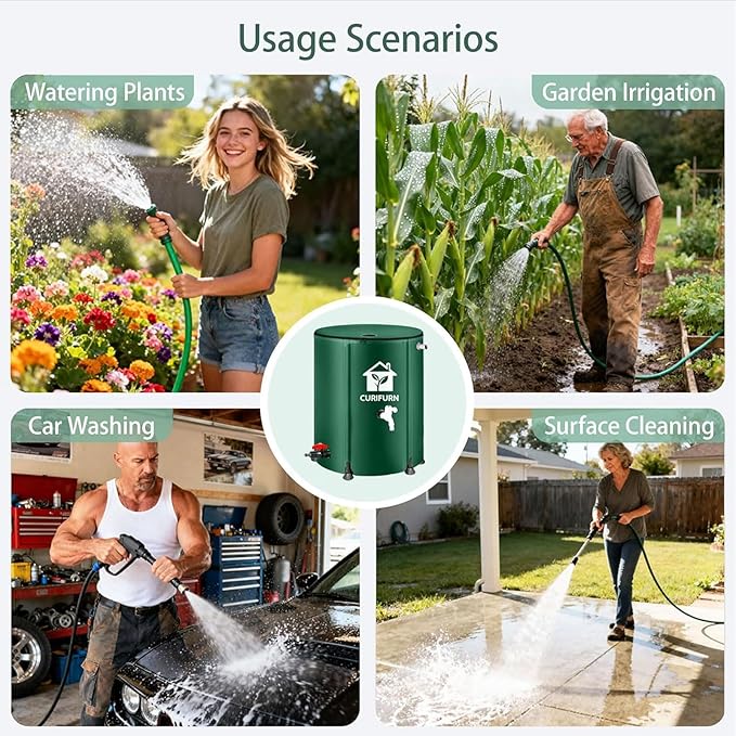 53 Gallon Rain Water Barrel, Portable Rainwater Collect System Water Storage Tank Collapsible Rain Barrel with Filter, Spigot & Overflow Kit (Reinforced Liner+Thickened Legs) - Green