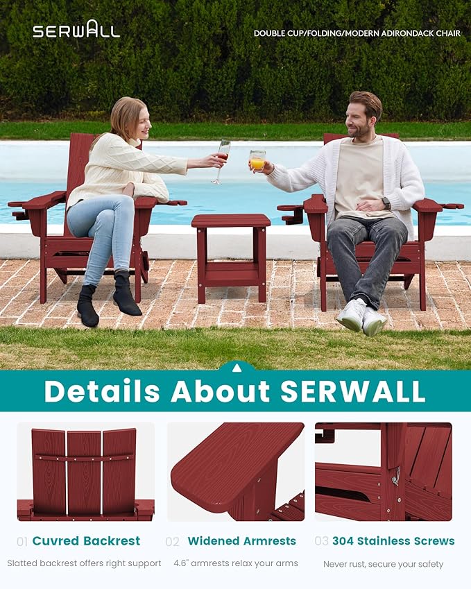 SERWALL Folding Adirondack Chair with Cup Holders, Weather Resistant HDPE Modern Adirondack Chair Set of 6, Plastic Outdoor Fire Pit Chairs, Red