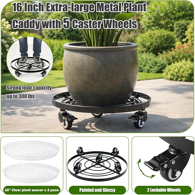 Planterhoma 2 Packs Extra-large 16 Inch Metal Plant Caddy Plant Dolly with Wheels Heavy-Duty Wrought Iron Rolling Plant Stand with Casters for Indoor and Outdoor Plant Pot Rollers Black