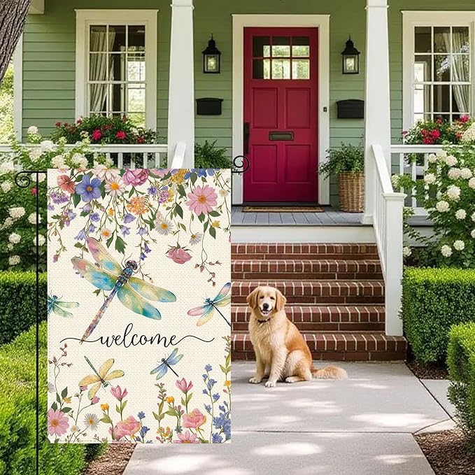 Spring Summer Dragonflies Wildflowers Welcome Garden Flag 12 x 18 Inch Double Sided, Watercolor Floral Burlap Small Yard Flag Holiday Farmhouse Flags for Patio Outdoor Outside Decoration