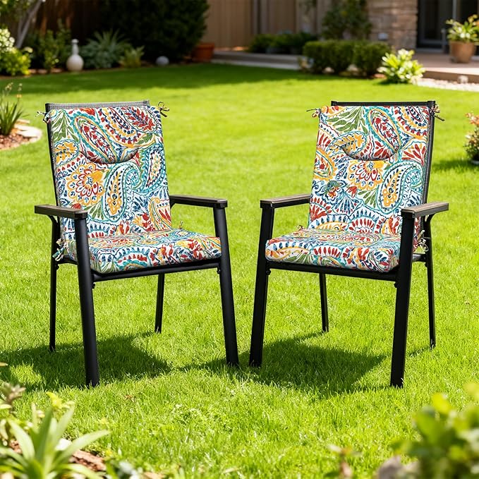 DYTXIII Outdoor High Back Chair Cushions Set of 2, 44x20 in Water Repellent Patio Seat Cushions with Elastic Sponge, All Weather Cushions for Rocking, Dining Chairs, Patio Furniture - Paisley Multi