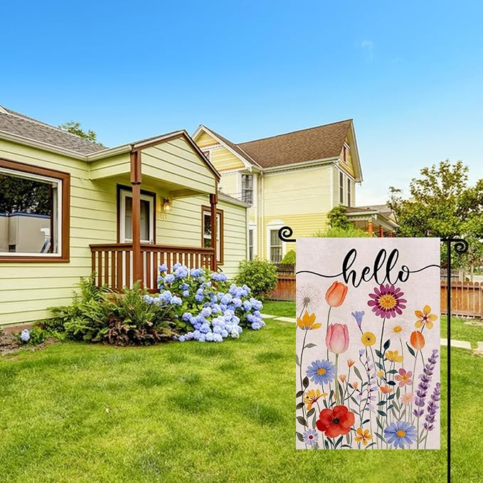 Hello Spring Floral Garden Flag 12x18 Inch Double Sided, Colorful Floral Summer Farmhouse Holiday Yard Outdoor Decorative Flag for Outesid