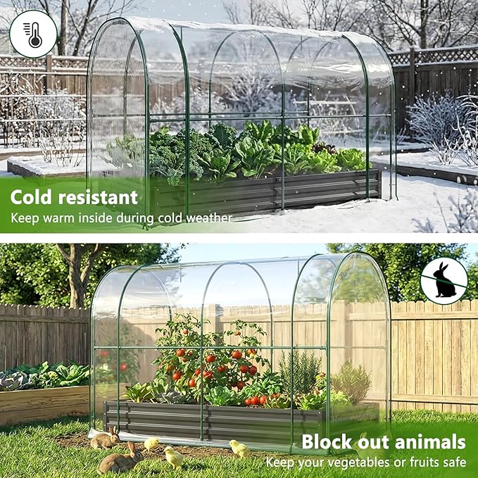DoCred Galvanized Raised Garden Bed with PVC Cover, 84.6" x 45.3" x 47.2" Metal Planter Bottomless Box w/ Roll-Up Window, Mini Greenhouse Tent for Outdoor Growing Vegetables Flower Fruit