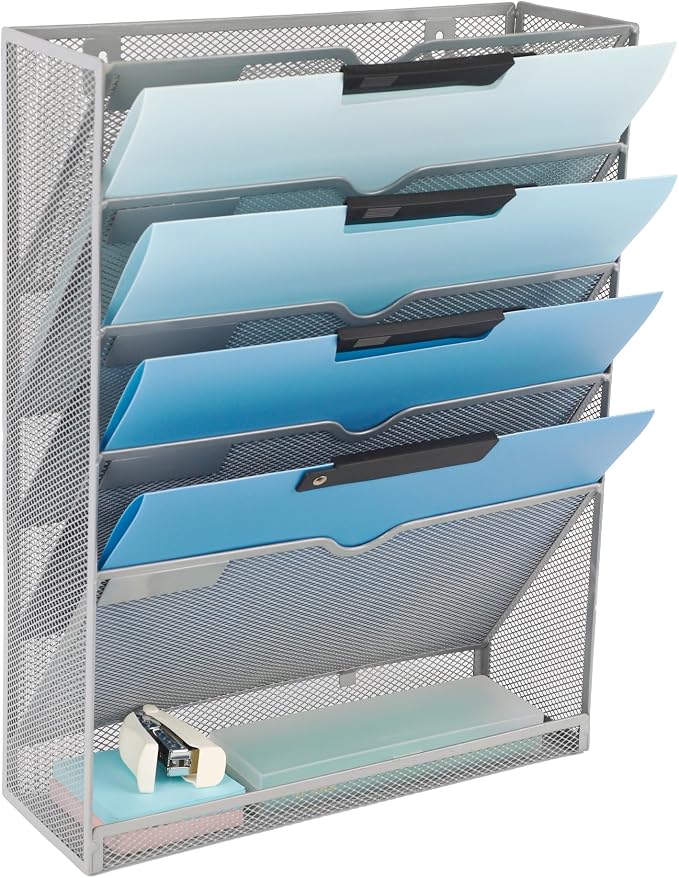 EASEPRES 6 Tier Mesh Hanging Wall File Organizer, Desk Vertical Mail Paper Document Folder Holder Rack with Bottom Tray and Nametag Label for Office Home School, Gray