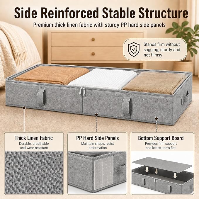 Side-Supported Under Bed Storage Containers, 6 Inch 60L Clothes Storage Bin | Underbed Storage Bin with Sturdy Handles and Sidewalls, Closet Organizer for Clothes, Blankets, Seasonal Items, Gray, 2 Pack