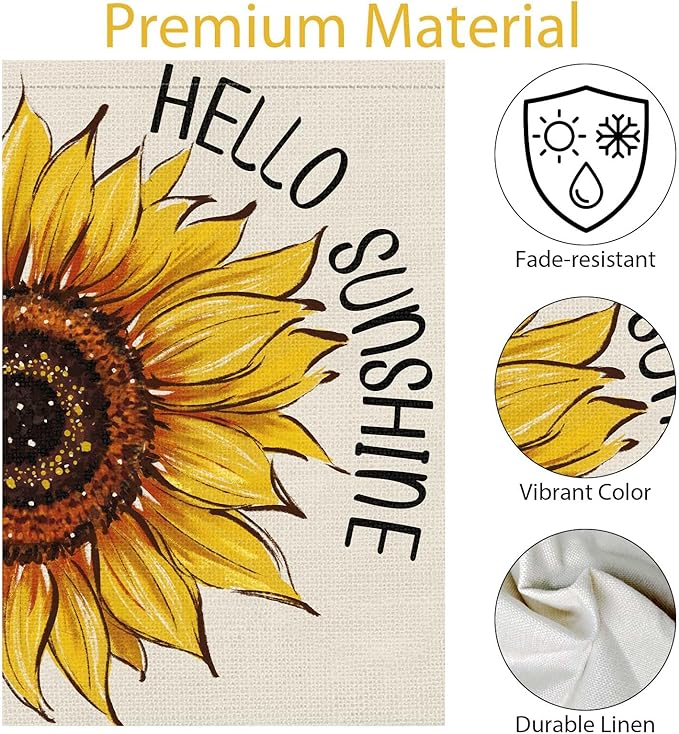 Hello Sunshine Summer Garden Flag 12x18 Inch Double Sided for Outside, Floral Sunflower Seasonal Burlap Yard Outdoor Flag