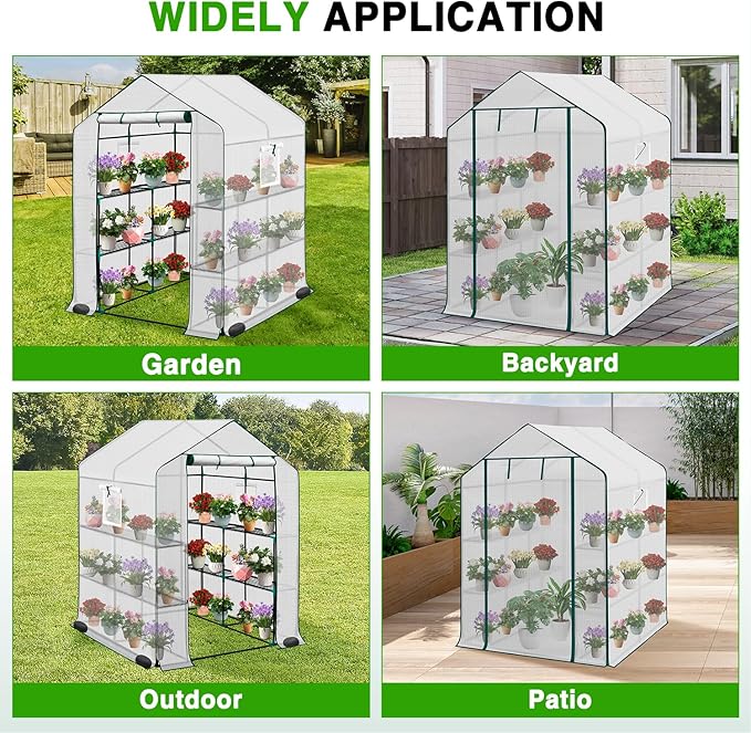Yesker Greenhouse 57.5"x57"x77" Walk in Green House - Large Outdoor/Indoor Greenhouses with 8 Shelves Waterproof PE Cover & Windows, Portable Greenhouse Kit for Winter Backyard Gardening Patio, White