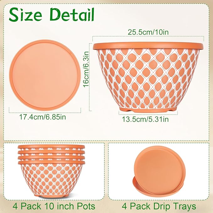 Nooulap 4 Pack 10 Inch Flower Pots with Drainage, Plastic Planters for Indoor Outdoor Plants, Orange Lattice Design Plant Pots for Balcony Patio Porch Garden Decor