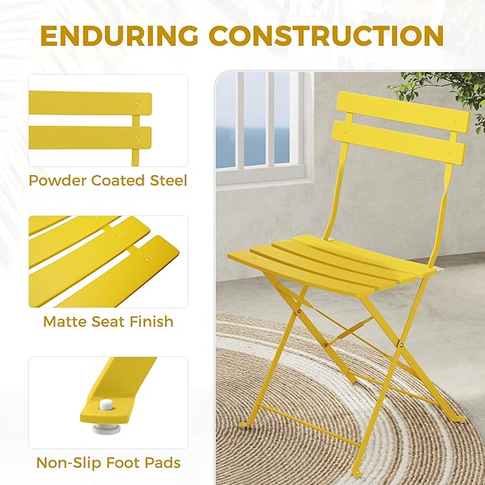 Grand patio 3-Piece Folding Bistro Set, 2 Chairs and 1 Table, Weather-Resistant Outdoor/Indoor Conversation Set for Patio, Yard, Garden-Yellow