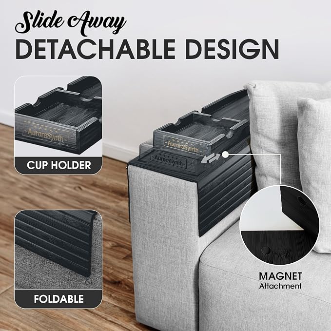 Bamboo Couch Cup Holder, 2 Cork Coasters, Anti-Slip Foldable Couch Arm Tray | 2 in 1 Foldable Sofa Arm Tray, Couch Armrest Table, Anti-Spill Couch Arm Table for Drinks TV Remote Cellphone Snacks