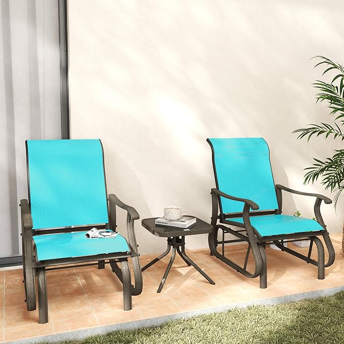 Outsunny 3-Piece Outdoor Gliders Set Bistro Set with Steel Frame, Tempered Glass Top Table for Patio, Garden, Backyard, Lawn, Bright Blue