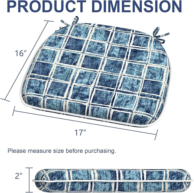 Outdoor Chair Cushions Set of 2, Water Resistant Patio Chair Pads with Ties, Seat Cushions for Home Garden Furniture Decoration, 16"x17", Denim Blue Checkered