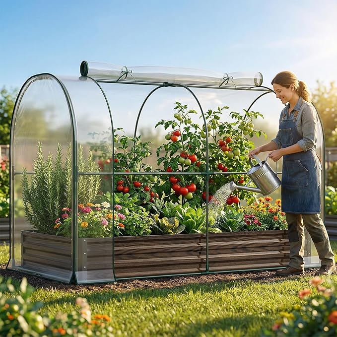 DoCred Galvanized Raised Garden Bed with PVC Cover, 84.6" x 45.3" x 47.2" Metal Planter Bottomless Box w/ Roll-Up Window, Mini Greenhouse Tent for Outdoor Growing Vegetables Flower Fruit