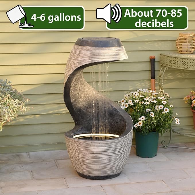 Sunlinua 37" Tall S-Shaped Outdoor Waterfall Fountain – Rainfall Water Fountain for Garden, Patio or Backyard Decor, Floor-Standing Resin Garden Fountains Water Feature with Flat Top for Plant Display