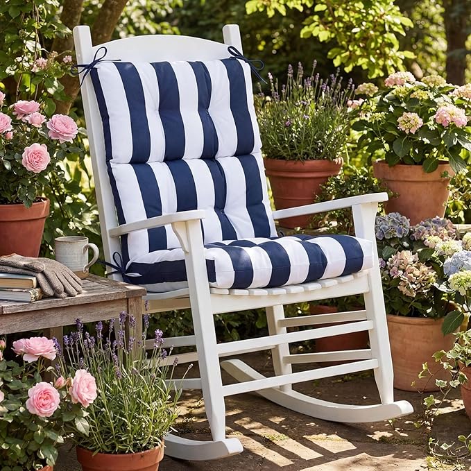 Hoteam 2 Pcs High Back Chair Cushions Set - 44'' x 21'' Indoor Outdoor Waterproof Soft Thicken Stripes Replaceable Cushion for Garden Summer Rocking Chair, Patio Furniture (Navy Blue Stripes)