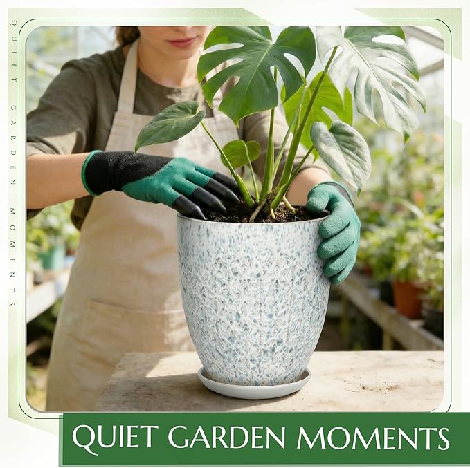 11.8 Inch Flower Pots for Indoor Plants,Ceramic Planter with Saucer Drainage Leak-Proof Mesh Gardening Gloves (Spotted Blue)