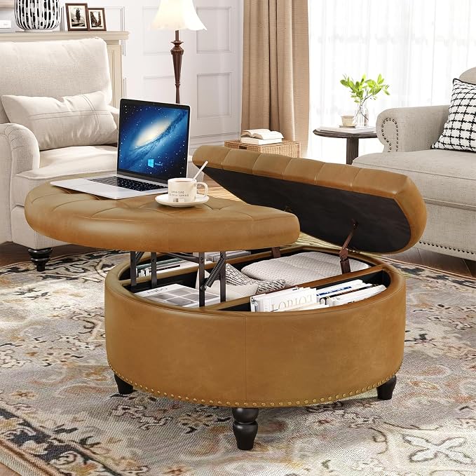 FiveWillowise 31.5 Inch Large Round Ottoman with Storage Circular,Camle | Leather Coffee Table with Lift Top,Modern Upholstered Button Tufted Footrest Stool Solid Wood Legs for Living Room,Bedroom