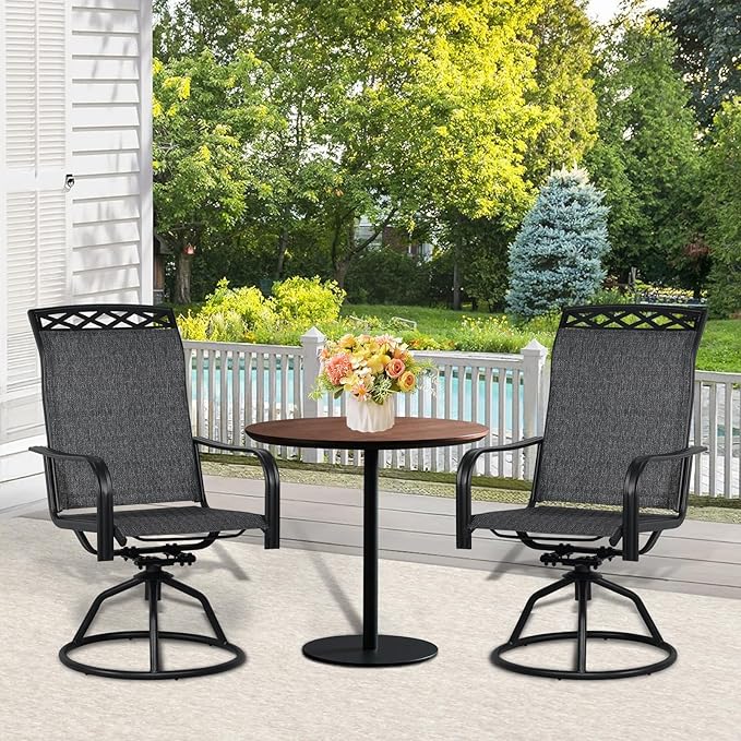 SHGJ&SOFT Patio Swivel Chairs, Waterproof Outdoor Dining Chairs with All-Weather Textilene Mesh for Deck, Garden, and Backyard (Patterned backrest-Grey, Set of 2)
