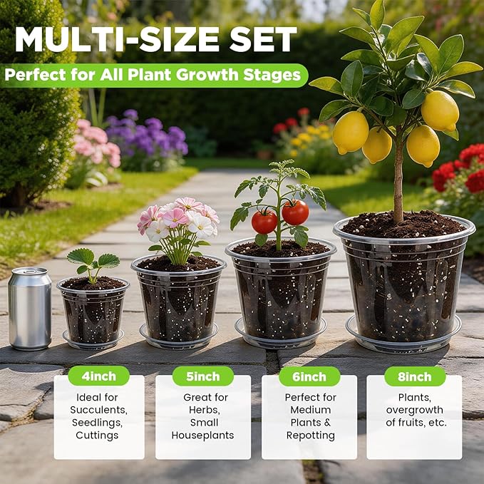 Clear Nursery Pots with Saucers 24 Pack, 4/5/6/7 Inch Plastic Plant Pots, for Indoor Outdoor Succulents Orchids Seedlings, Flower Containers with Drainage Holes and Tray, Small Garden Planters