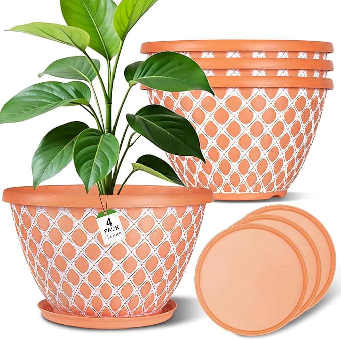 Nooulap 4 Pack 12 Inch Pots for Plants, Durable Large Plant Pot, All-Weather Flower Pot for Indoor Outdoor Patio Yard, Garden Planters for Houseplants Shrubs with Drainage